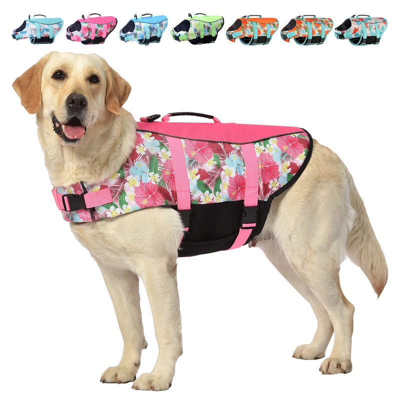 Dog Life Jacket Vest Swimming Adjustable Puppy Life Vests, Ripstop Life Jackets for Small Medium and Large Dogs High Visibility Flotation with Rescue Handle for Water Swim Boating Hunting（XL X-Large Flower+Pink - PawsPlanet Australia