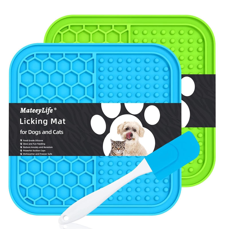 MateeyLife 2PCS Small Lick Mat for Dogs and Cats, Licking Mats for Dog Anxiety Relief, Cat Peanut Butter Lick Pad for Boredom Reducer, Dog Treat Mat Perfect for Bathing Grooming Blue&Green 6'' × 6'' - PawsPlanet Australia