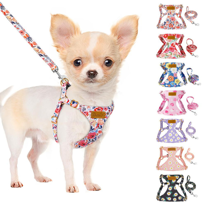 SlowTon No Pull Dog Harness with Leash - Soft Lightweight Floral Pattern Puppy Harness, Adjustable Pet Harness for Small Medium Dogs (Flower XXS) XX-Small(2.2-6lb) Flower - PawsPlanet Australia
