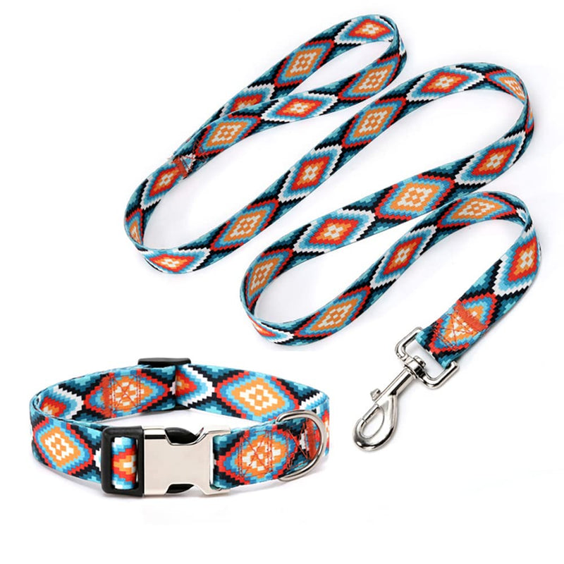 Western Dog Collar and Leash Set, Aztec Tribal Print Quick Release Half-Metal Buckle Soft Durable Boy Pet Collars for Small Medium Large Male Dogs Puppy, Rhombus M Rhombus+leash M for Neck 12-17" - PawsPlanet Australia