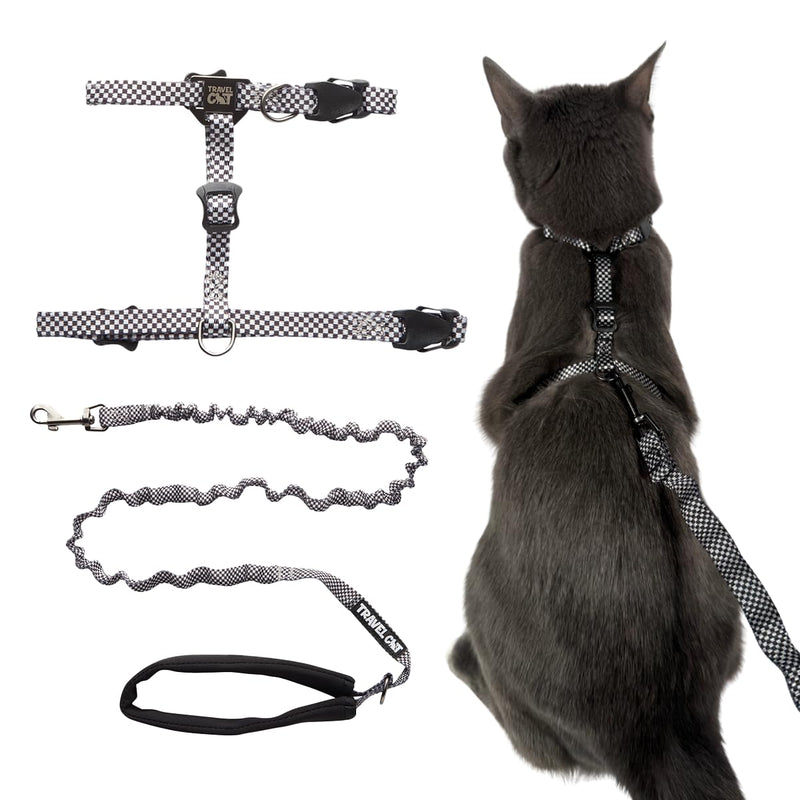 Travel Cat Harness and Bungee Leash Set - 2 in 1 Adjustable Escape Proof Cat Harness & Leash for Small, Medium, Large Cats, Kitten - Safe H-Style for Outdoor Walking (Checkered) Checkered - PawsPlanet Australia