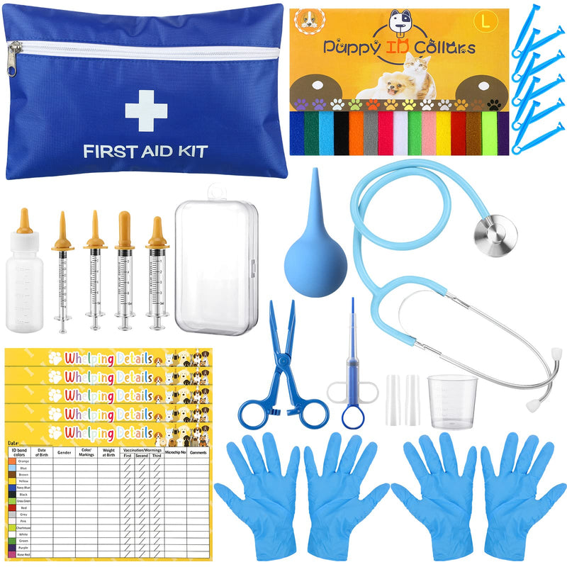 48 Pcs Puppy Kitten Whelping Kit Include 4 Puppy Feeding Tube, 6 Record Keeping Charts, 15 Puppy Whelping Collars, 15 Cord Clamps, 2 Gloves, Bulb Aspirator, Syringe, Bottle, Scissors, Stethoscope, Bag - PawsPlanet Australia