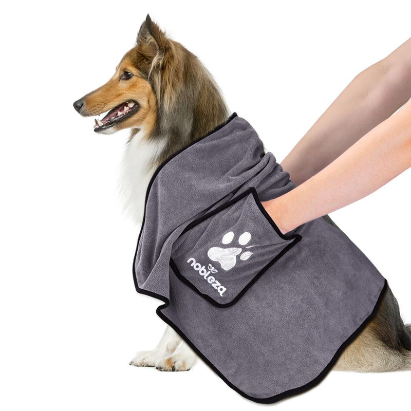 Nobleza Super Absorbent Large Dog Towels with Hand Pockets, Soft Microfiber Quick Drying Dog & Cat Bath Towel, Gray 26 x 42 in - 1pcs Grey - PawsPlanet Australia