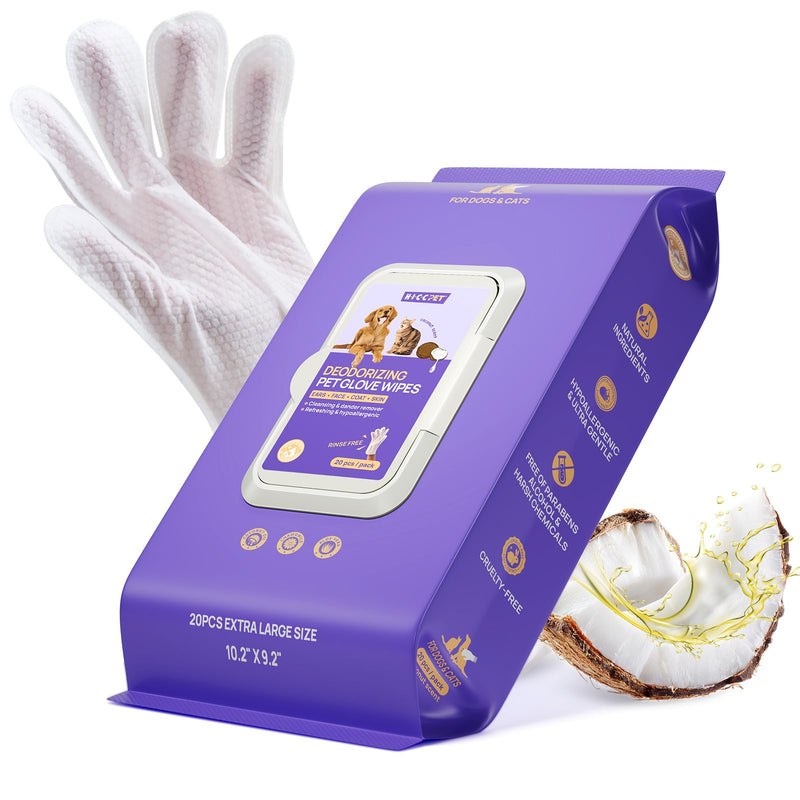 HICC PET Cleaning Deodorizing Glove Wipes for Dogs & Cats, Vet Recommended Hypoallergenic Pet Cleaning and Hydrating Glove Wipes, Nourish Fur Coconut Oil Pet Bathing Wipes for Horse Coat Care Coconut Scent 20 PCS - PawsPlanet Australia