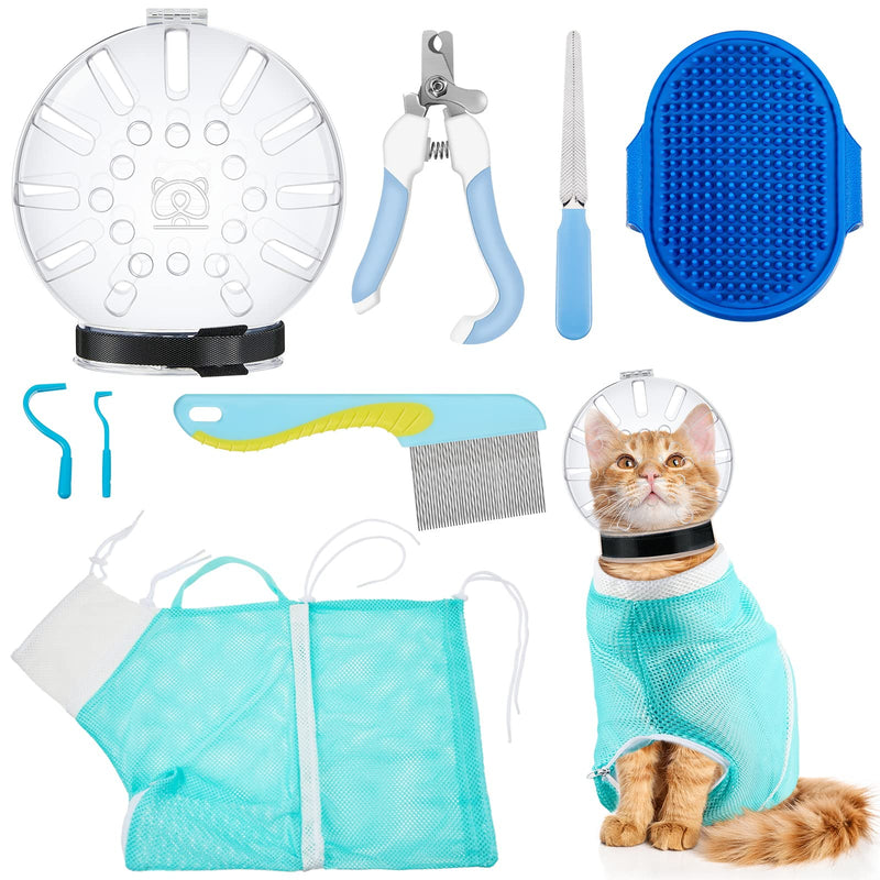 8 Pcs Cat Muzzle Set with Adjustable Cat Bathing Bag Breathable Clear Muzzle Pet Grooming Brush Tick Remover Tool Nail Clipper Nail File for Dog, Bunny Cleaning Trimming(L Size,Blue) L Size Blue - PawsPlanet Australia