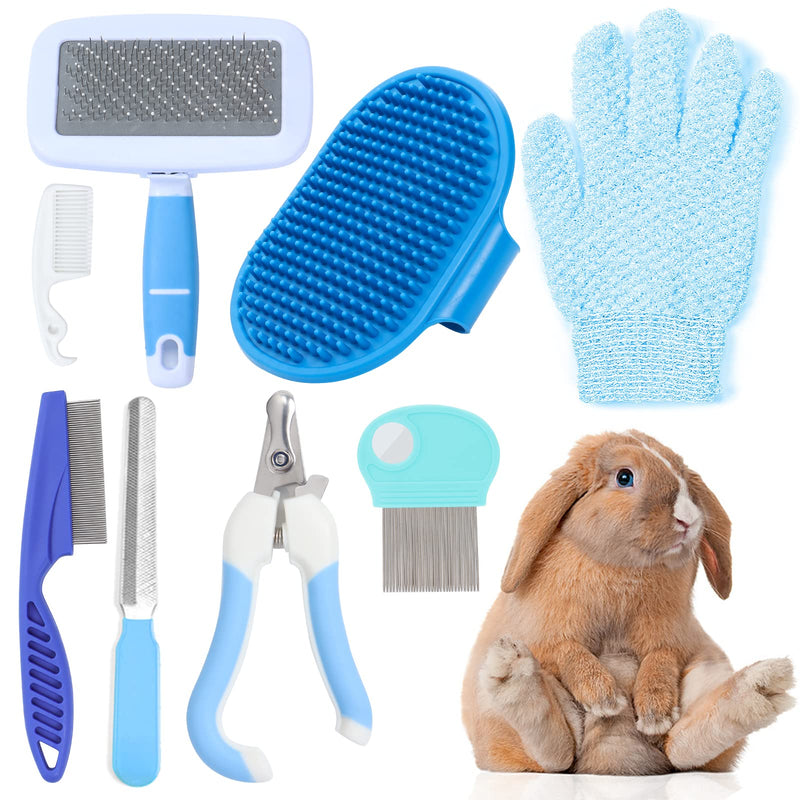 VCZONE Small Animal Grooming Set: Pet Nail Clipper & File, Flea Comb, Shampoo Brush, Shedding Slicker Brush, Massage Glove, Cleaning Comb (Blue) Blue - PawsPlanet Australia