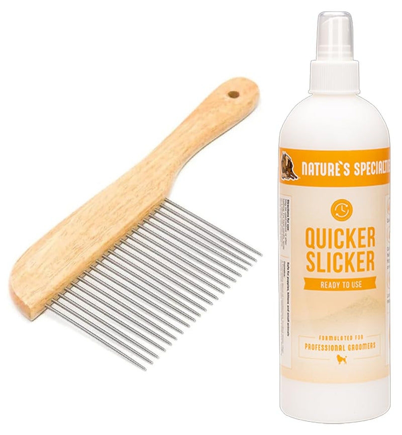 Paw Brothers Grooming Tool and Nature's Specialties Conditioning Spray Bundle - Poodle Comb, Extra Long Teeth, Wooden Handle - Quicker Slicker Detangling and Conditioning Spray, Ready to Use, 16 oz