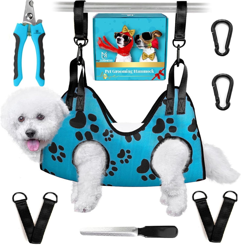 Dog Grooming Hammock - Dog Grooming Hammock Harness for Cats Dogs - Pet Grooming Hammock - Dog Nail Clipper - Dog Hammock - Dog Nail Trimmers - Dog Sling - Dog Sedation for Nail Trimming - Dog Nail S BASIC SET - Aqua with black paws - PawsPlanet Australia