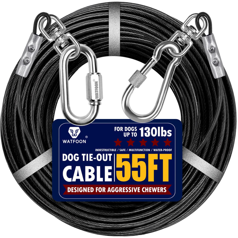 Dog Leads for Yard 20ft 25ft 30ft 35ft 40ft 45ft 50ft 55ft 65ft 100ft Dog Tie Out Cable Runner Steel Tieout Heavy Duty Tether Chew Proof Long Dog Chains for Outside, Camping, Park (55ft-Black) 55ft-Black - PawsPlanet Australia