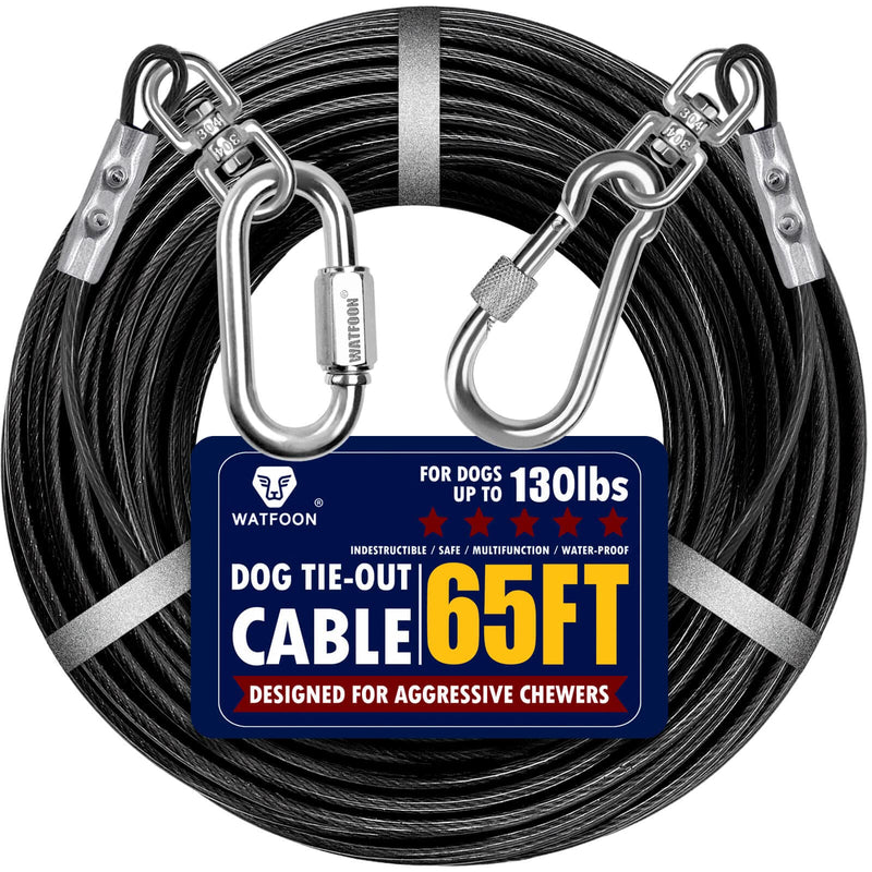 Dog Leads for Yard 20ft 25ft 30ft 35ft 40ft 45ft 50ft 55ft 65ft 100ft Dog Tie Out Cable Runner Steel Tieout Heavy Duty Tether Chew Proof Long Dog Chains for Outside, Camping, Park (65ft-Black) 65ft-Black - PawsPlanet Australia