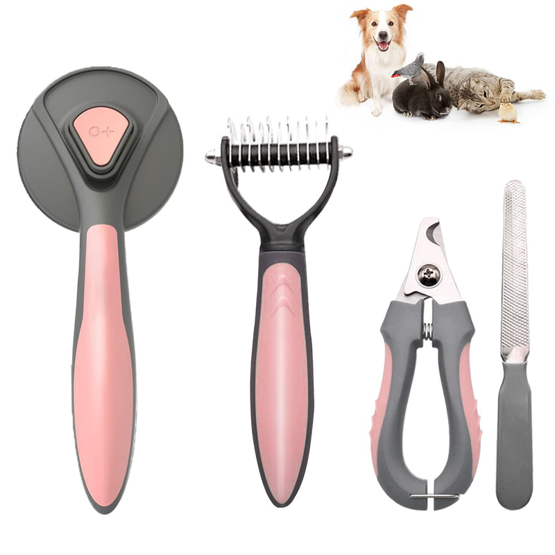 Pet Deshedding Brush Set, Undercoat Rake for Dogs & Cats - Double Sided Brush for Shedding and Dematting Comb Grooming Tool kit - Nail Clippers & Nail File Kit (4Pack) Pink - PawsPlanet Australia