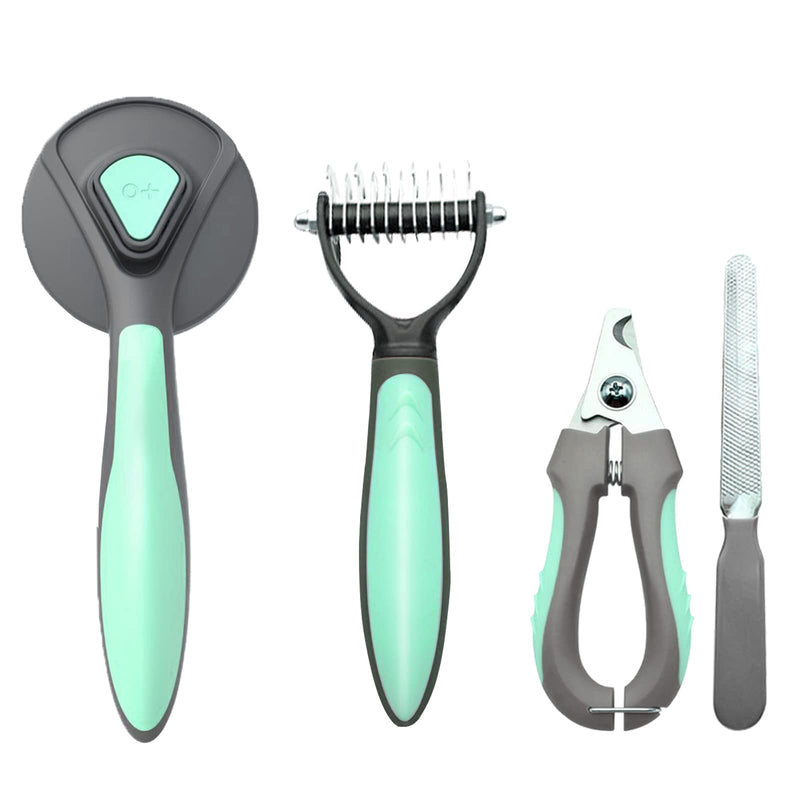Pet Deshedding Brush Set, Undercoat Rake for Dogs & Cats - Double Sided Brush for Shedding and Dematting Comb Grooming Tool kit - Nail Clippers & Nail File Kit (4Pack) Green - PawsPlanet Australia
