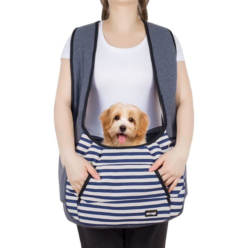 NATUYA Dog Sling Carrier Puppy Carrier, Adjustable Pet Front Sling Carrier Travel Bag with Bottom Pad, Pet Carrier for Small Dog Cat Puppy Traveling Hiking Camping (Bule Strip, 8-15 lb) Bule Strip - PawsPlanet Australia