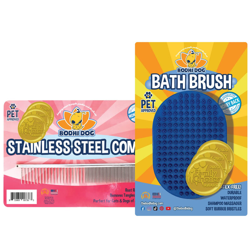Bodhi Dog Stainless Steel Comb & Shampoo Brush - Bath & Shower Supplies for Dogs & Cats - Removes Shedding, Mats & Tangles - Pet Grooming Scrubber Bundle (Blue) Stainless Comb Bundle Blue - PawsPlanet Australia