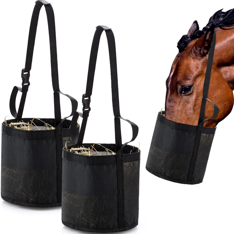 Sumind 2 Pcs Feed Horses Bag for Grain Hay Bags Heavy Duty Mesh Horse Feeder with Adjustable Strap Comfort Neck Pad Nose Pad and Waterproof Bottom Muzzle(Black) Black - PawsPlanet Australia