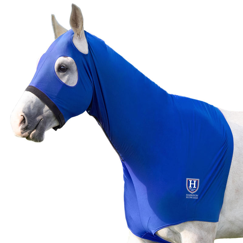 Harrison Howard Horse Stretch Hood Without Ears Snug Fitting Hood with Zip Closure Covers Face, Shoulders, Mane, Chest and Withers Perfect for Show/Event Preparation - Blue Full (Large) - PawsPlanet Australia