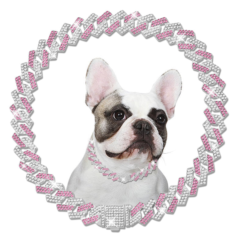 Metal Diamond Dog Chain Dog Training Chain with Secure Buckle Pet Collars for Large Medium Dogs 16in Pink white - PawsPlanet Australia