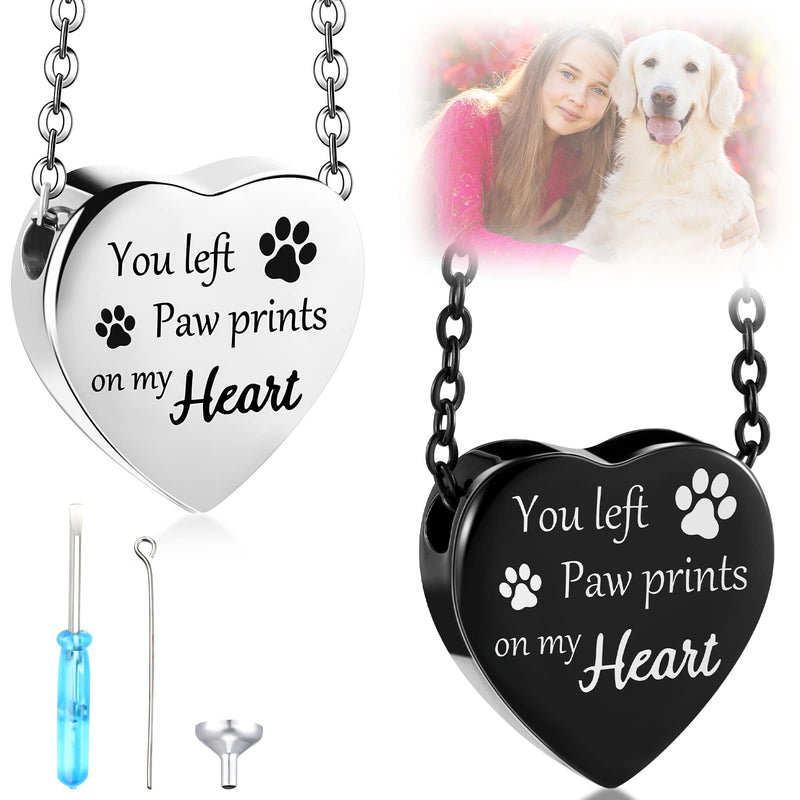 Yinkin 2 Pcs Pet Cremation Jewelry for Ashes Urn Necklace with Paw Print Heart, Pet Dog Ashes Necklace Stainless Steel Pendant Black and Silver Urn Locket with Funnel Kit for Pet Dog Cat Ashes - PawsPlanet Australia