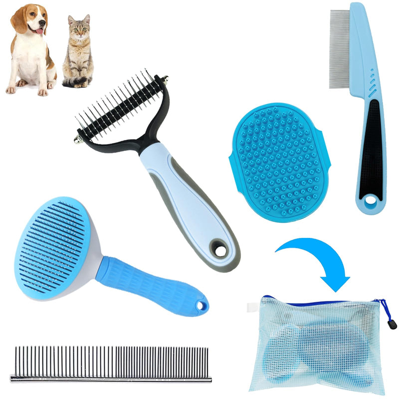 Dog Brush Grooming Kit 5PCS - Dog Brush for Shedding,Puppy Brush and Flea Comb for Dogs, Slicker Brush Comb and Dog Hair Brush Set Blue, Grooming at Home or Travel B-Blue 5 Kits - PawsPlanet Australia