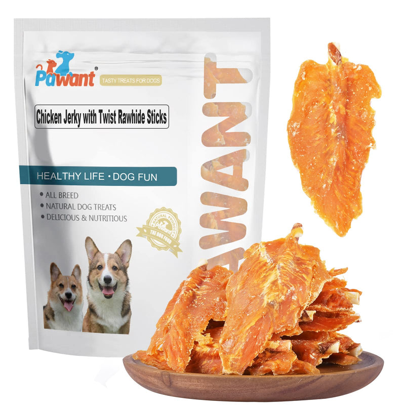 Chicken Jerky with Twist Rawhide Sticks for Dogs, 32 oz - High Protein Real Chicken Breast Dog Chews - Long Lasting Dental Care Treats for Puppies, Small and Medium Breeds, 4-4.5 Inch Chicken Jerky with Twist Rawhide Sticks 2 Pound (Pack of 1)