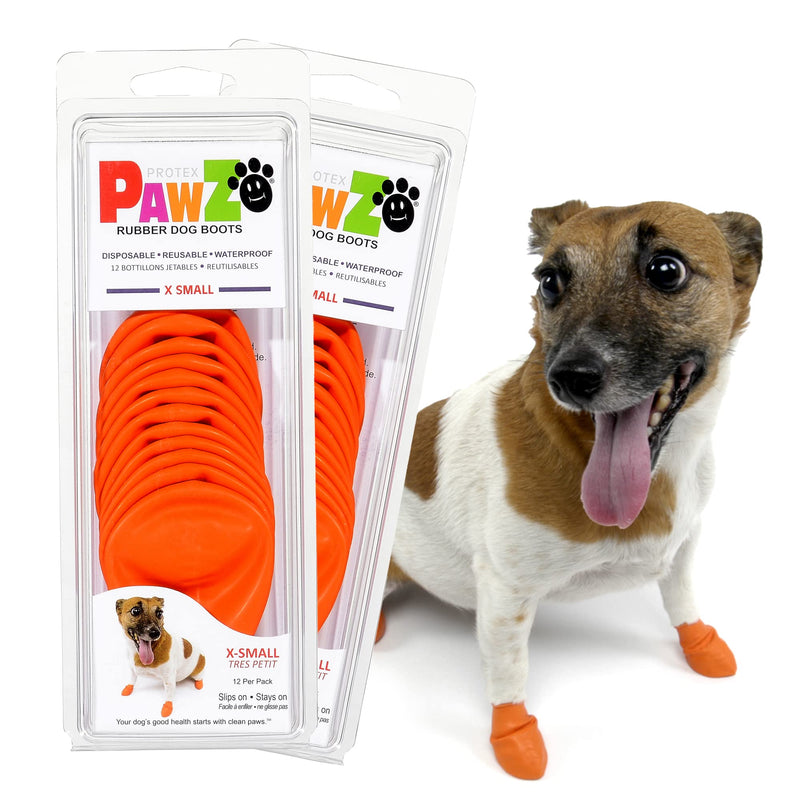 PawZ Rubber Dog Boots for Small Paws - All-Weather Waterproof Dog Shoes, Anti-Slip Traction for Rain, Snow, Mud & Hot Pavement - Pull-On Dog Booties, Orange - X-Small (1.5"-2") - Pack of 24