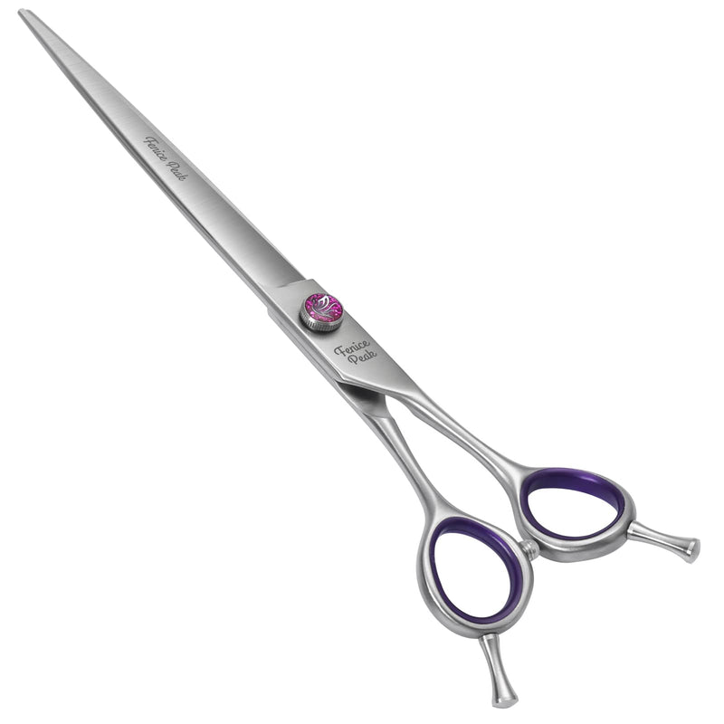 Fenice Peak 7'' Straight Dog Grooming Scissors with Purple Finger Rings and Flashing Screw Professional 440C Stainless Steel Natural Color Pet Trimming Shears with Offset Handle Durable and Sharp Straight Scissors 7'' - PawsPlanet Australia