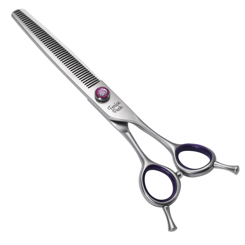 Fenice Peak 7'' Thinning Dog Grooming Scissors with Purple Finger Rings and Flashing Screw Professional 440C Stainless Steel Natural Color Pet Thinning Shears with Offset Handle Durable and Sharp 7" Thinner - PawsPlanet Australia