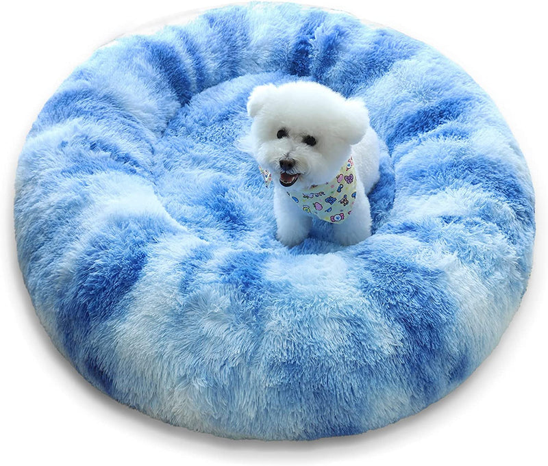 Patas Lague Calming Dog Bed for Medium Dogs, Fluffy Soft Cozy Cat Bed, Faux Fur Anti-Anxiety Plush Washable Pet Donut Cuddler for All Seasons 24IN, Blue M:24x24INCH Gradient Blue - PawsPlanet Australia