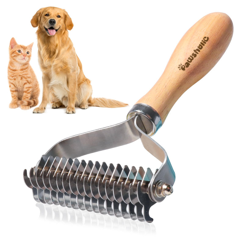 Undercoat Rake for Dogs - Professional Pet Shedding Dematting Comb with Wood Handle, Stainless Steel Blades for Pet Cats Dogs Matted Hair Tangles Removing 2 Sides Dematting Comb - PawsPlanet Australia