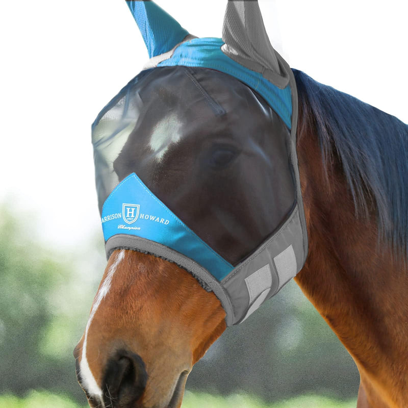 Harrison Howard Pro Luminous Horse Fly Mask Standard with Ears UV Protection for Horse Azure Blue/Silver Large Full Size Full (Large) - PawsPlanet Australia