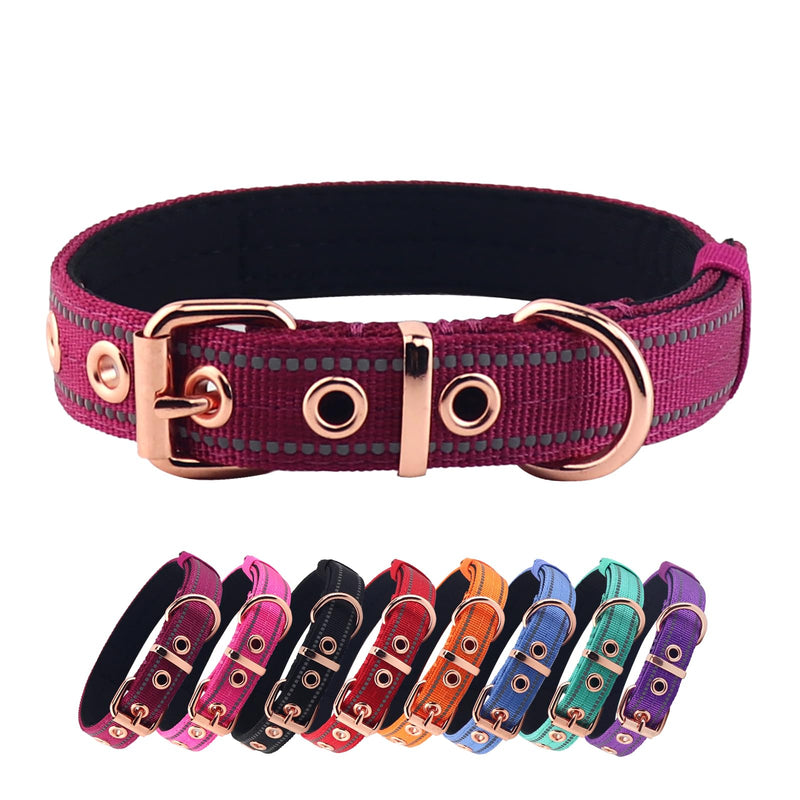 Neoprene Padded Dog Collar, Nylon Collar for Small to Large Dogs, Heavy Duty with Metal Buckle, Reflective(Large, Wine red) Large (Pack of 1) - PawsPlanet Australia