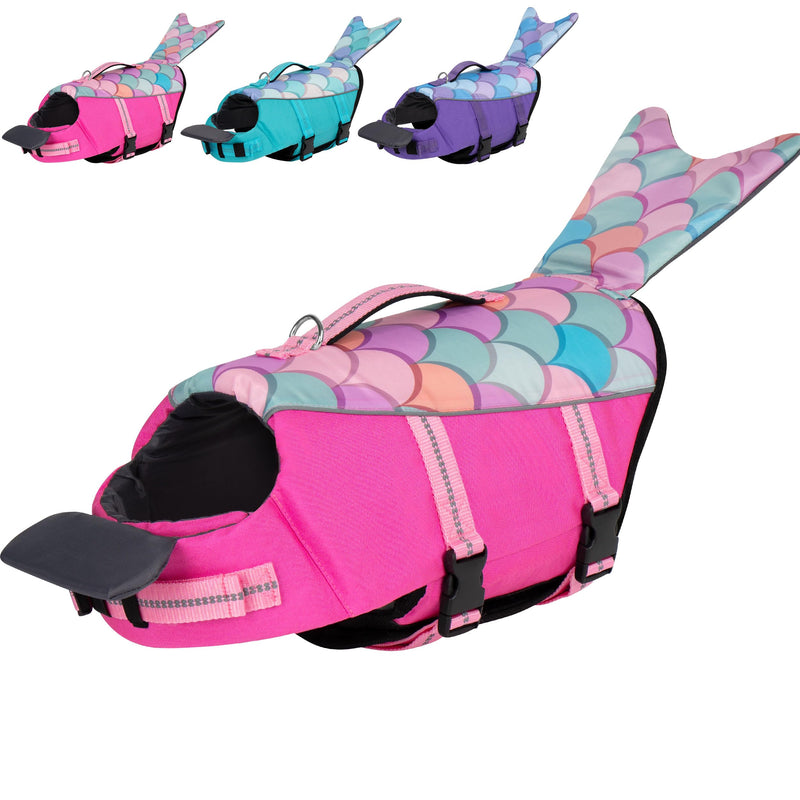cyeollo Dog Life Jacket Mermaid Dog Safety Vest with Rescue Handle Refletive Strip Small Dog Life Vests for Swimming Boating, Pink S Small (Chest Girth: 18"-21") 1# Pink Mermaid - PawsPlanet Australia