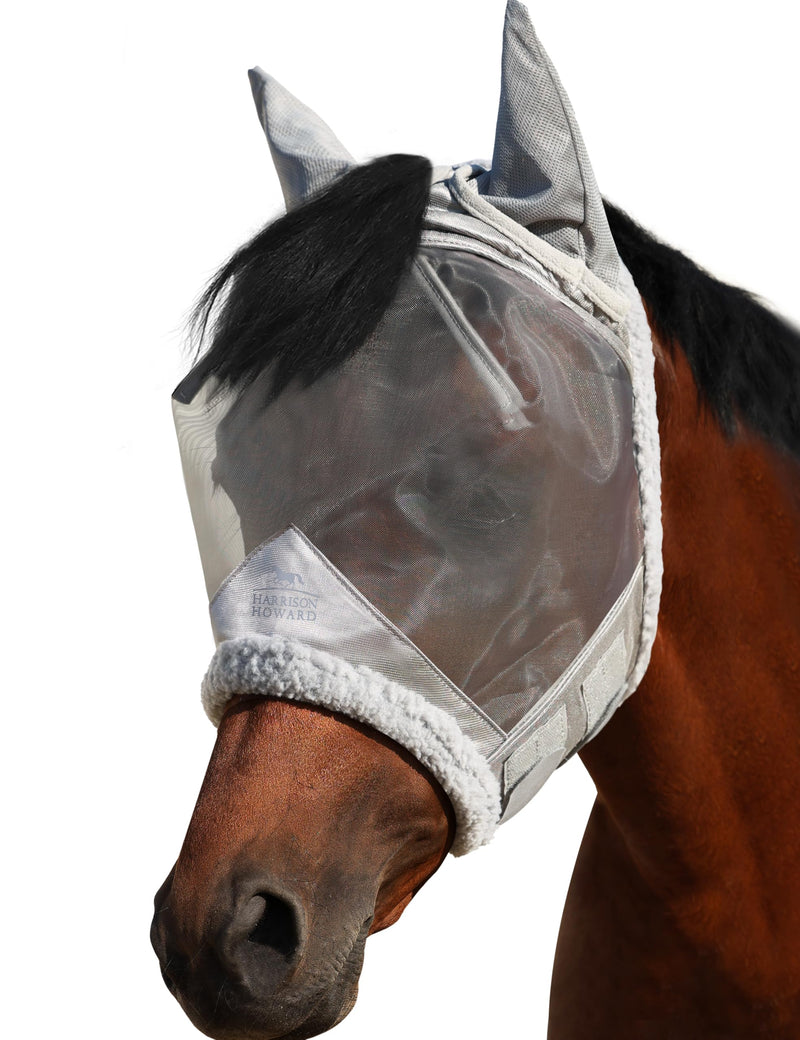Harrison Howard CareMaster Horse Fly Mask UV Protective Fine Mesh with Extra Wool Soft Touch on Skin Moonlight Silver L Full (Large) - PawsPlanet Australia