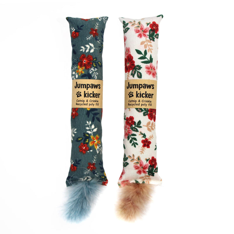 2 Pack Natural Interactive Catnip & Silvervine Cat Kicker with Feathers, Bite Resistant Chew Toy, Crinkle Kicker, Accessories for Indoor Cat, Premium Corduroy Floral - PawsPlanet Australia