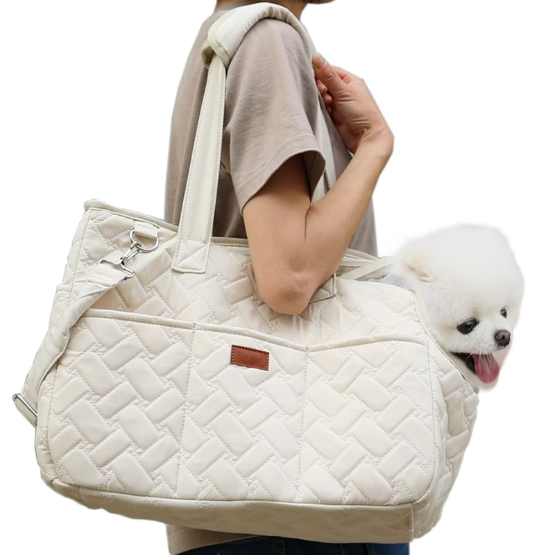 HSC PET Beige Small Dog Bag Woman,Cat Carrier Quilted Pet Soft Sided Leisure Pups Totes Traveling Go to Vet,Pet Function Handbag with 3 Pockets,12 lbs Puppy/15 lbs Cat or Kittens 16.1"L x 11.8"W x 7.1"H - PawsPlanet Australia