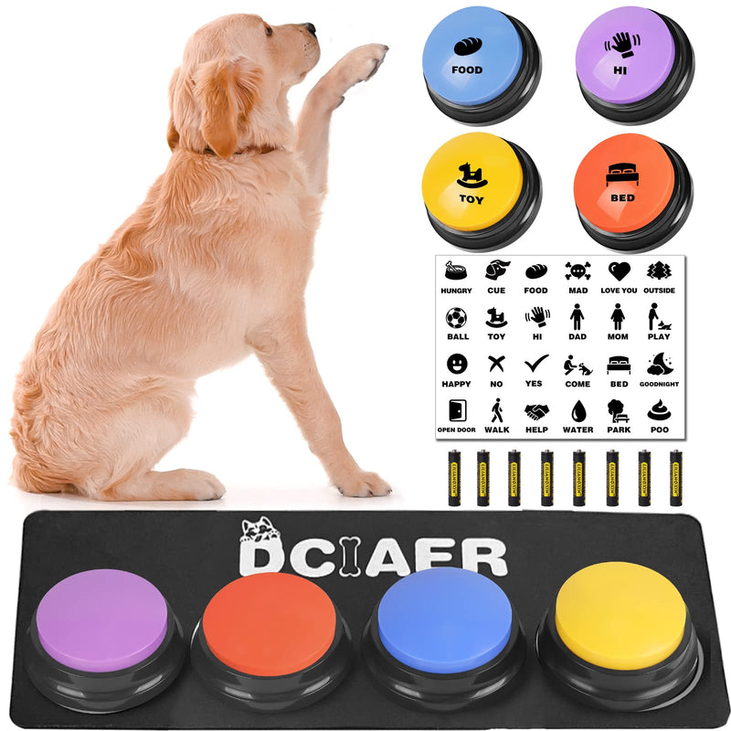Dog Buttons for Communication,Talking Buttons for Dogs,4 Recordable Sound Buttons + 24 Scene Patterns + 1 Dog Button Mat+ 8 AAA Batteries 4 Pack - PawsPlanet Australia