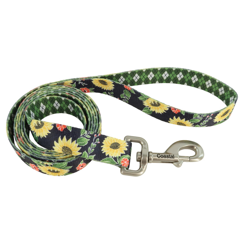 Coastal Pet Sublime Dog Leash - Dog Walking Leash - Fashionable Dual-Pattern Design with Colorful & Trendy Pattern - Sunflower with Green Argyle, 1" x 6' - PawsPlanet Australia