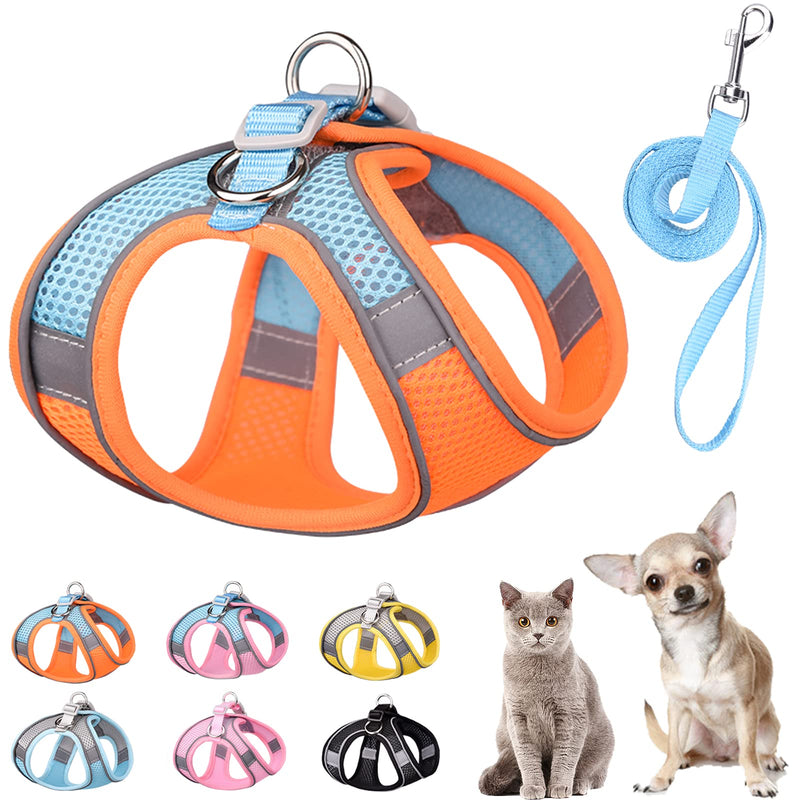 Soft Small Dog Harness and Leash Set Mesh Puppy Harnesses Leash Easy Walk Dog Harness Vest Adjustable Reflective No Pull Dog Harnesses for Small Dogs Cats (Orange Blue,XXS) XXS (Recommend 3-6 lbs) Orange Blue - PawsPlanet Australia