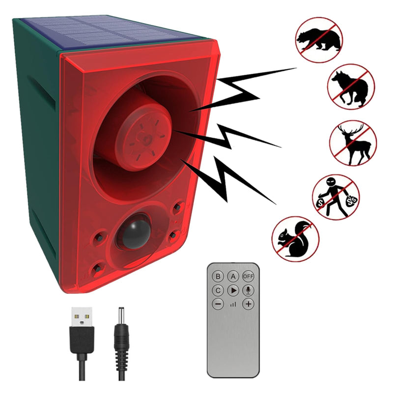 HULPPRE Solar Outdoor Motion Sensor Alarm-Dog Barking or Gunshot Sound,Support Recording&±Volume,130db Loud Noise Maker,3 Work Modes Strobe Light with USB,Say Goodbye to The Intruders 1pack - PawsPlanet Australia