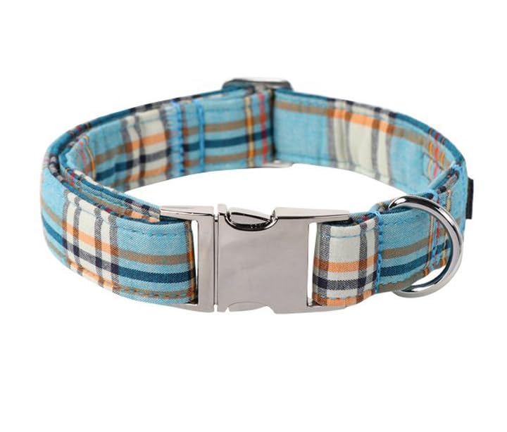 Lionet Paws Boy Dog Collar, Comfortable Adjustable Cute Blue Plaid Collar with Metal Buckle for Male Dogs, Medium, Neck 13.5-22 inches Medium (Pack of 1) Blue Grid - PawsPlanet Australia