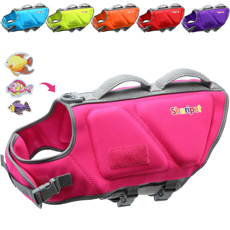 Dog Life Jacket for Large Dogs, Dog Life Vest for Swimming with Three Fashion Fabric Patches，Dog Life Jacket with Reflective Stripes and Two Rescue Handle, Dog Flotation Vest, L RosePink - PawsPlanet Australia