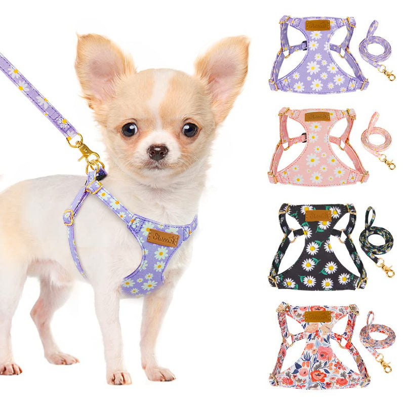 SlowTon No Pull Dog Harness with Leash - Soft Lightweight Floral Pattern Puppy Harness, Adjustable Pet Harness for Small Medium Dogs Doggie (Purple XS) X-Small(4.5-11lb) Purple - PawsPlanet Australia