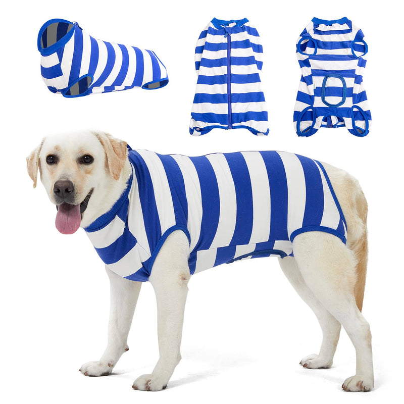 LovinPet Dog Recovery Suit for Large Medium Dogs - Bodysuit Onesie for Shedding Skin Disease Cut-Out Design of Abdomen Pet Pajamas Dog Anti Licking Snugly Suit for Abdominal Wound After Surgery,3XL 3XL Blue collar/White - PawsPlanet Australia