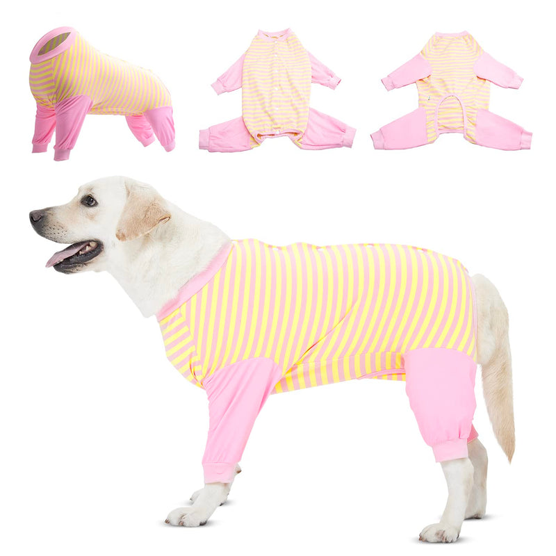 LovinPet Dog Recovery Suit for Large Medium Dogs - Full Coverage Dog's Bodysuit Wound Protective Surgical for Abdominal Wounds After Surgery Anti-Licking Cut-Out Design of Abdomen,Buttons,XXL XXL Pink collar/Yellow - PawsPlanet Australia