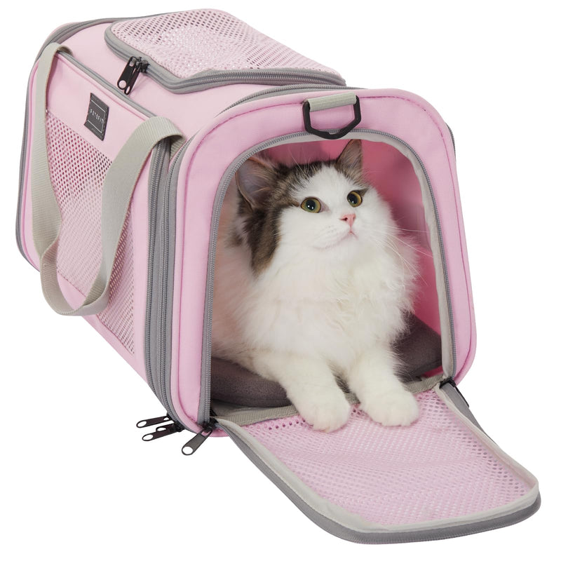 PETSFIT Cat Carrier, Pet Carrier Airline Approved, Cat Travel Carrier for Small and Medium Cats Under 12 Lbs, Soft Sided Kitten Carrier with Cozy Extendable Mat, Cat Carrier Bag, Pink 17.0"L x 10.3"W x 10.3"H - PawsPlanet Australia