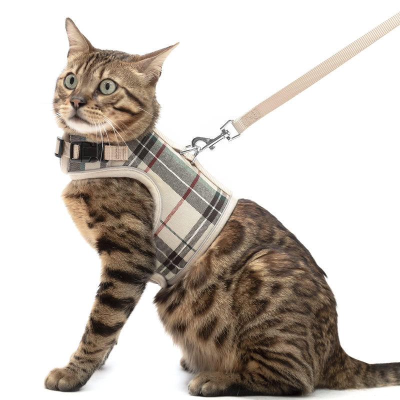 PUPTECK Soft Mesh Cat Vest Harness and Leash Set Puppy Padded Pet Harnesses Escape Proof for Cats Small Dogs Rabbits Bunny, Plaid Beige, L L(NECK 8.5"-10.5", CHEST 12.5"-15", 6-10 lbs) Beige(Plaid) - PawsPlanet Australia