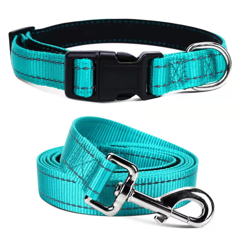 Soft Neoprene Padded Dog Collar and Leash Set for Small Medium Large Dogs, Reflective Durable Nylon Dog Collar with 5ft Leash Easy for Walking, Teal,Neck fit 10.5-15.5’’ S:Neck 10.5-15.5’’, Leash 3/4’’*5ft - PawsPlanet Australia