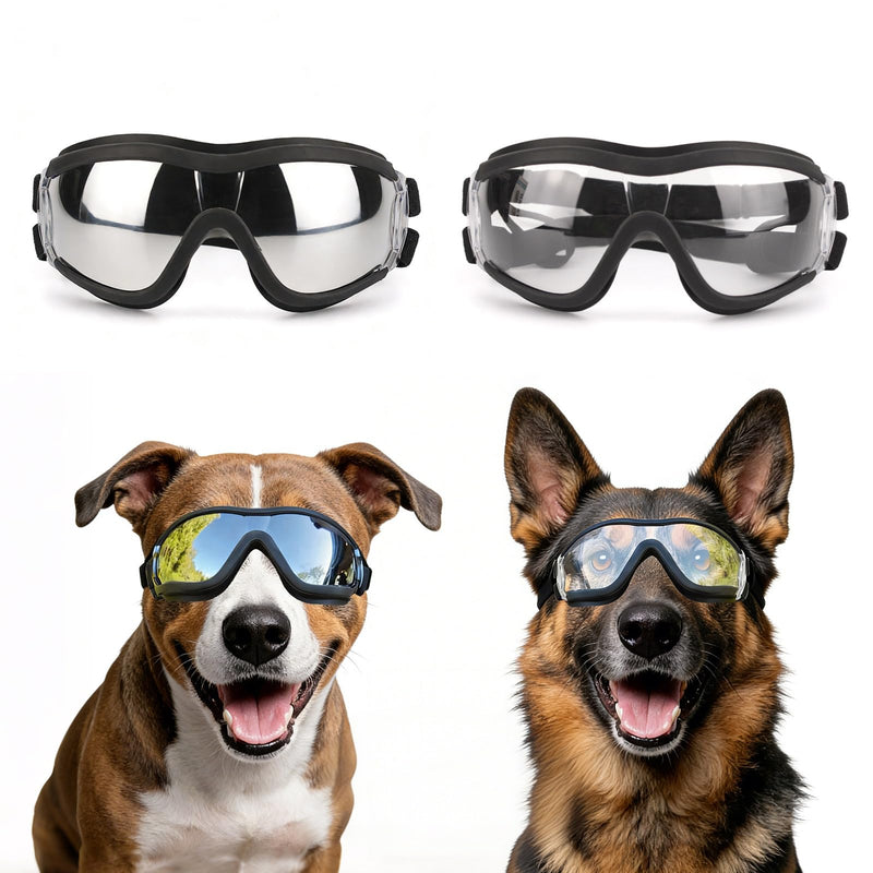 PETLESO Dog Goggles Sunglasses for Large Breeds - 2PCS Black & Clear UV Protection Set, Windproof Eye Wear for Medium to Large Dogs, Ideal for Riding/Driving/Hiking 2Pcs L