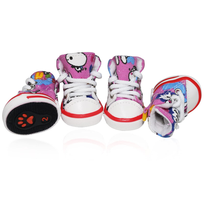 Pet Dog Shoes, BESUNTEK 4Pcs Puppy Canvas Sport Sneaker Boots for Outdoor Walking and Sports, Non-Slip Paw Protective Cover with Graffiti Design for Hot Pavement and Casual(Pink, #2) Pink - PawsPlanet Australia