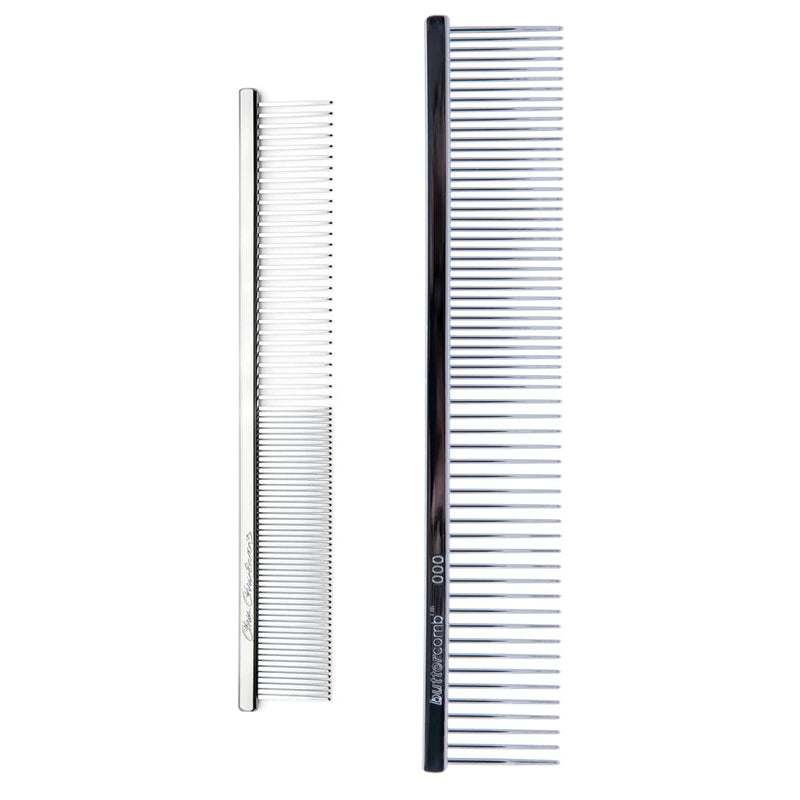 Chris Christensen Buttercomb Bundle - 5 in. Face and Feet Fine/Coarse Comb, 7.5 in. Greyhound Style Fine/Coarse Comb, Stainless Steel, Prevents Friction - PawsPlanet Australia